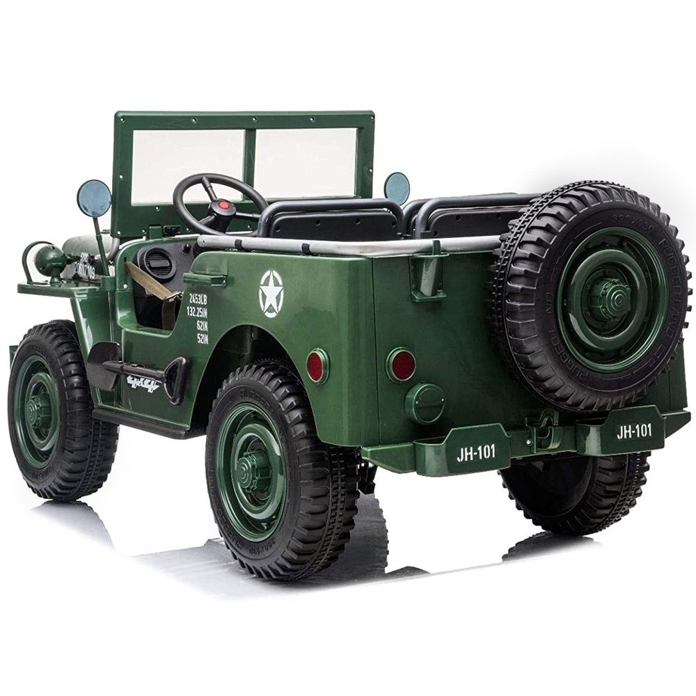JOKO Elektrické autíčko Vojenský Jeep 4x4, trojmiestny, penové kolesá, kožené sedadlo + lopata, zelené