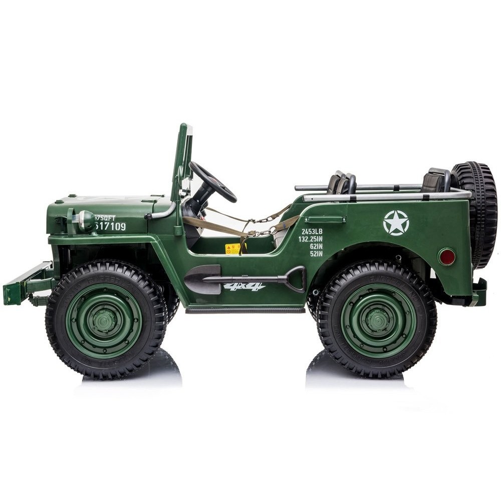 JOKO Elektrické autíčko Vojenský Jeep 4x4, trojmiestny, penové kolesá, kožené sedadlo + lopata, zelené
