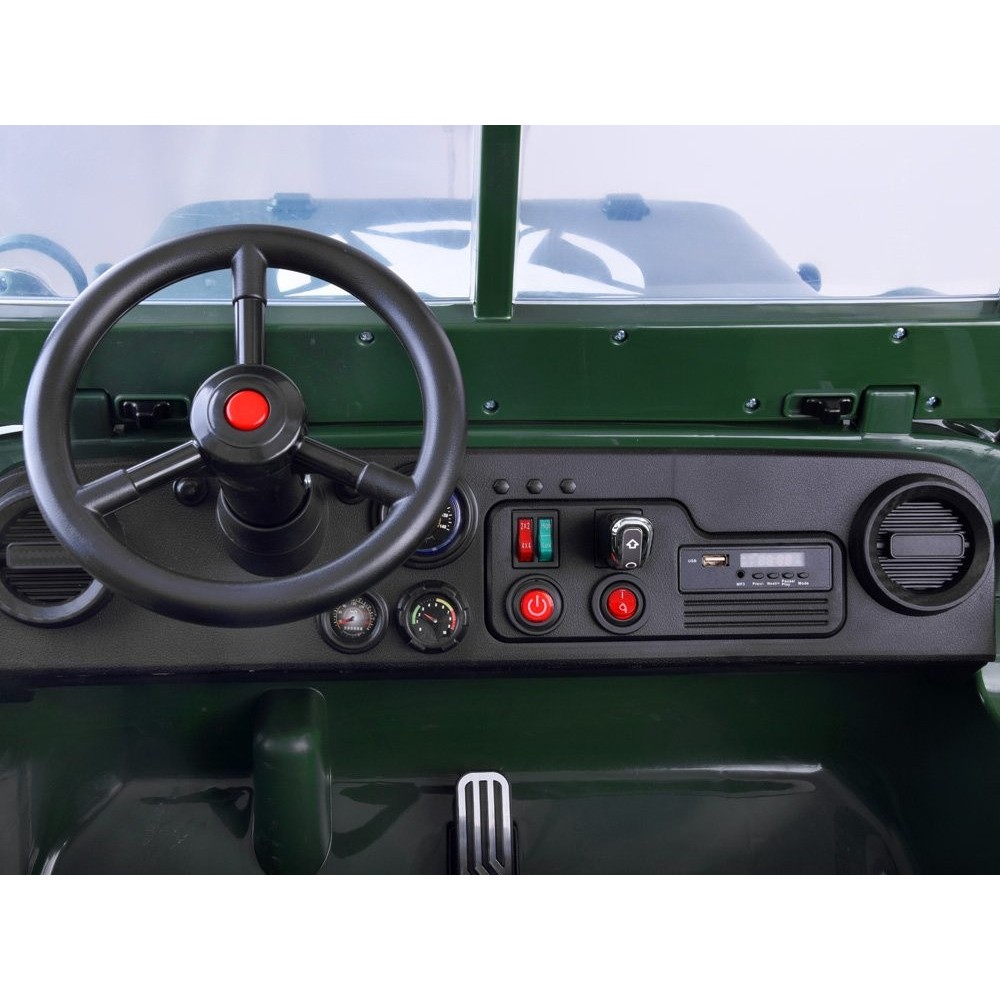 JOKO Elektrické autíčko Vojenský Jeep 4x4, trojmiestny, penové kolesá, kožené sedadlo + lopata, zelené