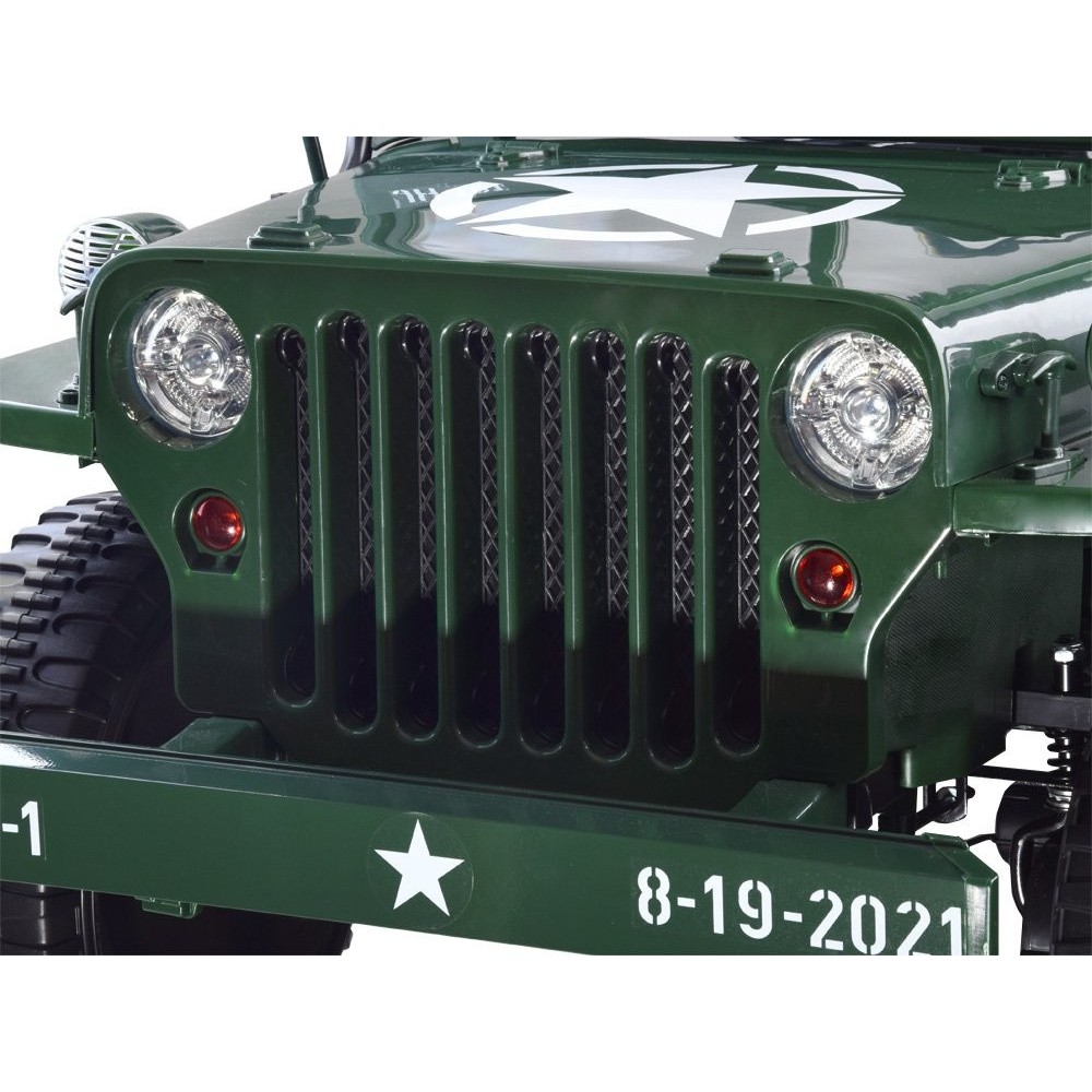 JOKO Elektrické autíčko Vojenský Jeep 4x4, trojmiestny, penové kolesá, kožené sedadlo + lopata, zelené