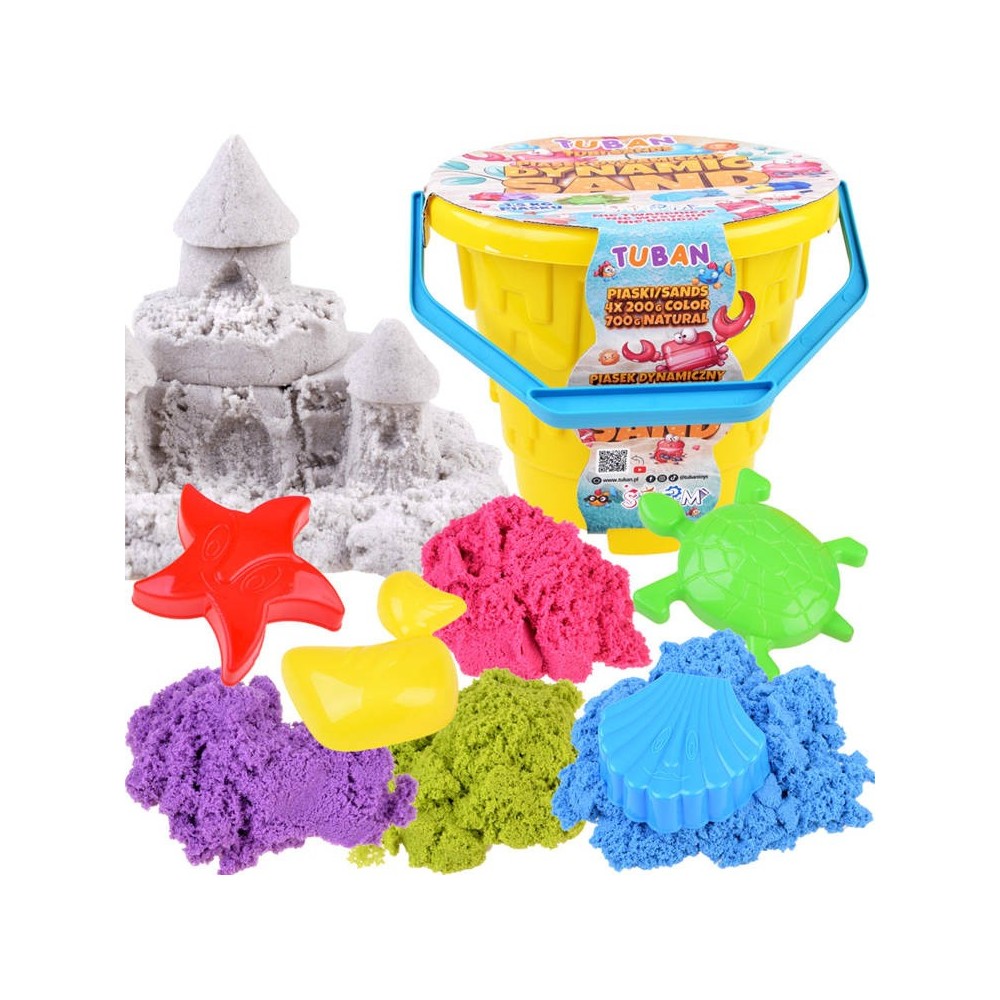 TUBAN Kineticky piesok 1,5kg + 4 formičky, Tuban Dynamic sand - Plážový set s vedrom