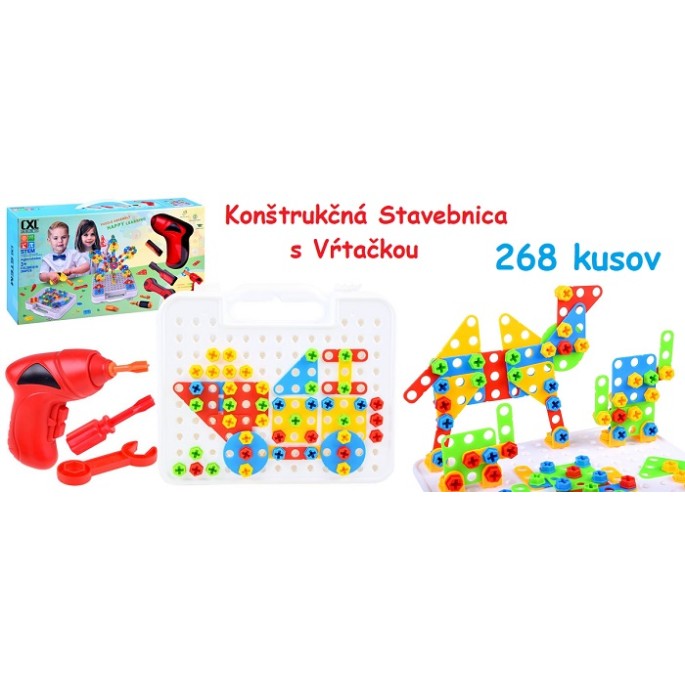 JOKO Konštrukčná kreatívna sada, stavebnica + vŕtačka na batérie 268ks, 3D stavebnica