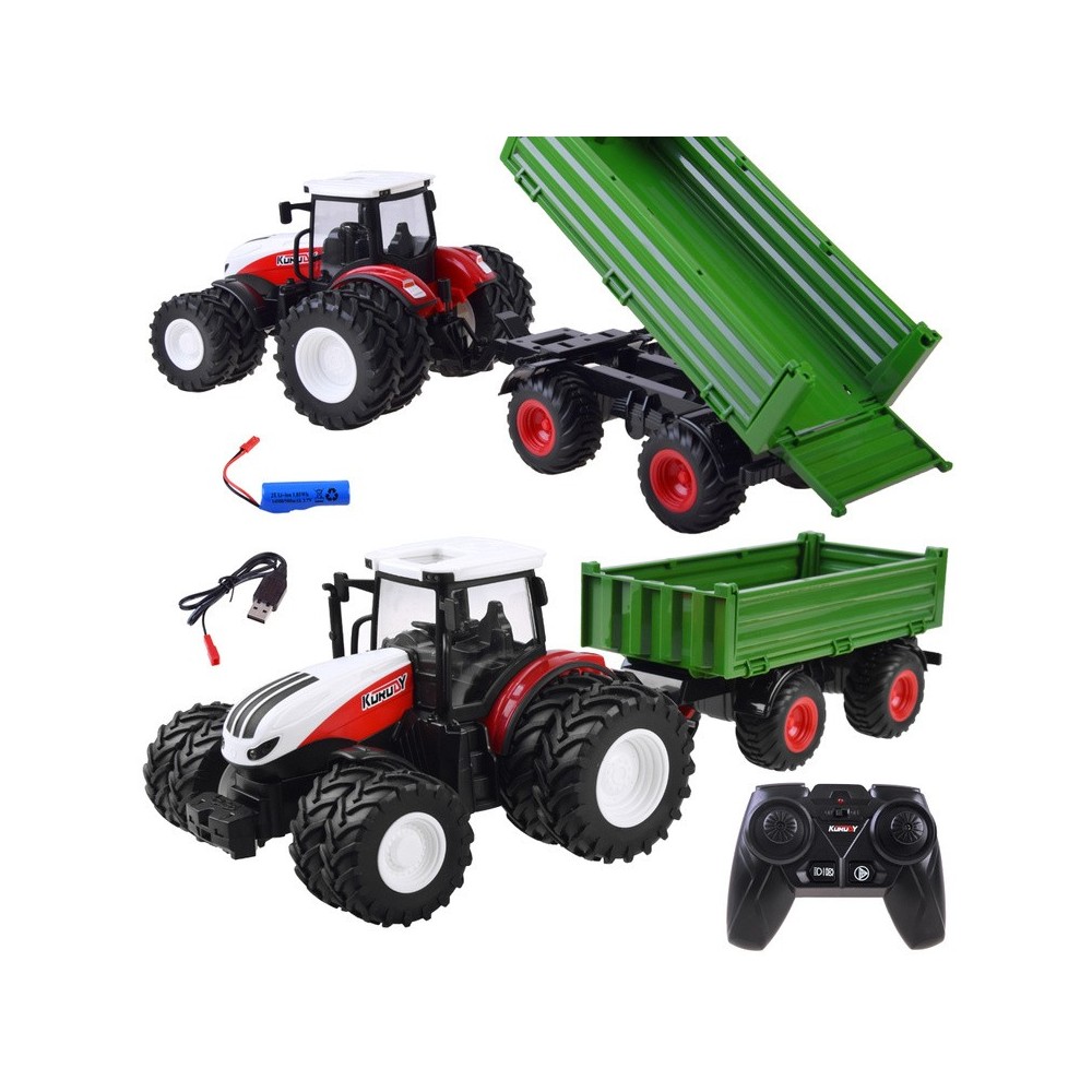 JOKO RC Traktor s Vlečkou na diaľkové ovládanie s vyklápacou vlečkou 42cm + svetlo, zelená vlečka