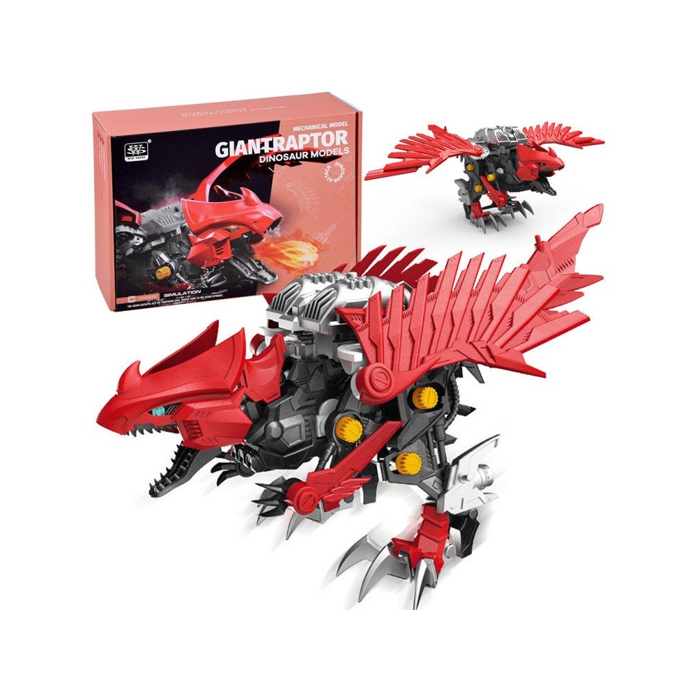 JOKO Stavebnica Dinosaurus RAPTOR na Batérie, s pohyblivými prvkami a Svietiacimi Očami, model dinosaura, červený