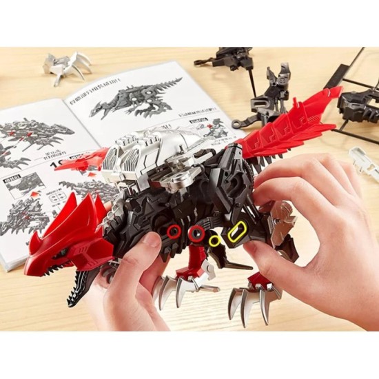 JOKO Stavebnica Dinosaurus RAPTOR na Batérie, s pohyblivými prvkami a Svietiacimi Očami, model dinosaura, červený