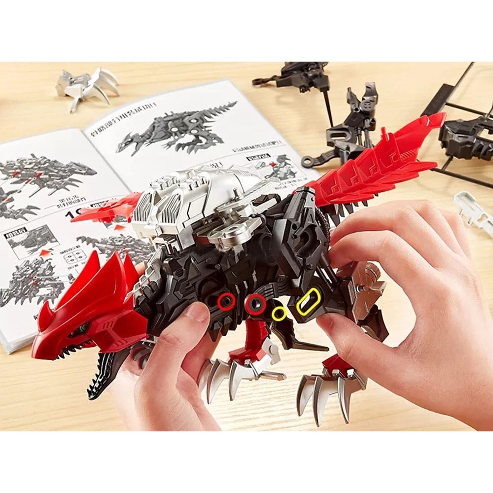 JOKO Stavebnica Dinosaurus RAPTOR na Batérie, s pohyblivými prvkami a Svietiacimi Očami, model dinosaura, červený