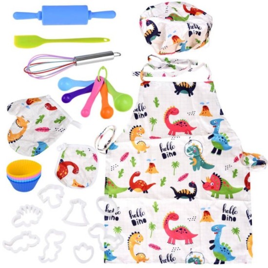 JOKO Sada Detská Zástera pre Kuchára DINOSAURY + Formičky Dinosaurus + kuchynské náradie, čiapka, rukavica, formy na muffiny