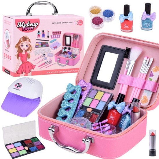 JOKO Detská Kozmetická Sada Make Up a Umelé Nechty + Lampa na sušenie nechtov na batérie + Kozmetický Kufrík, ružový