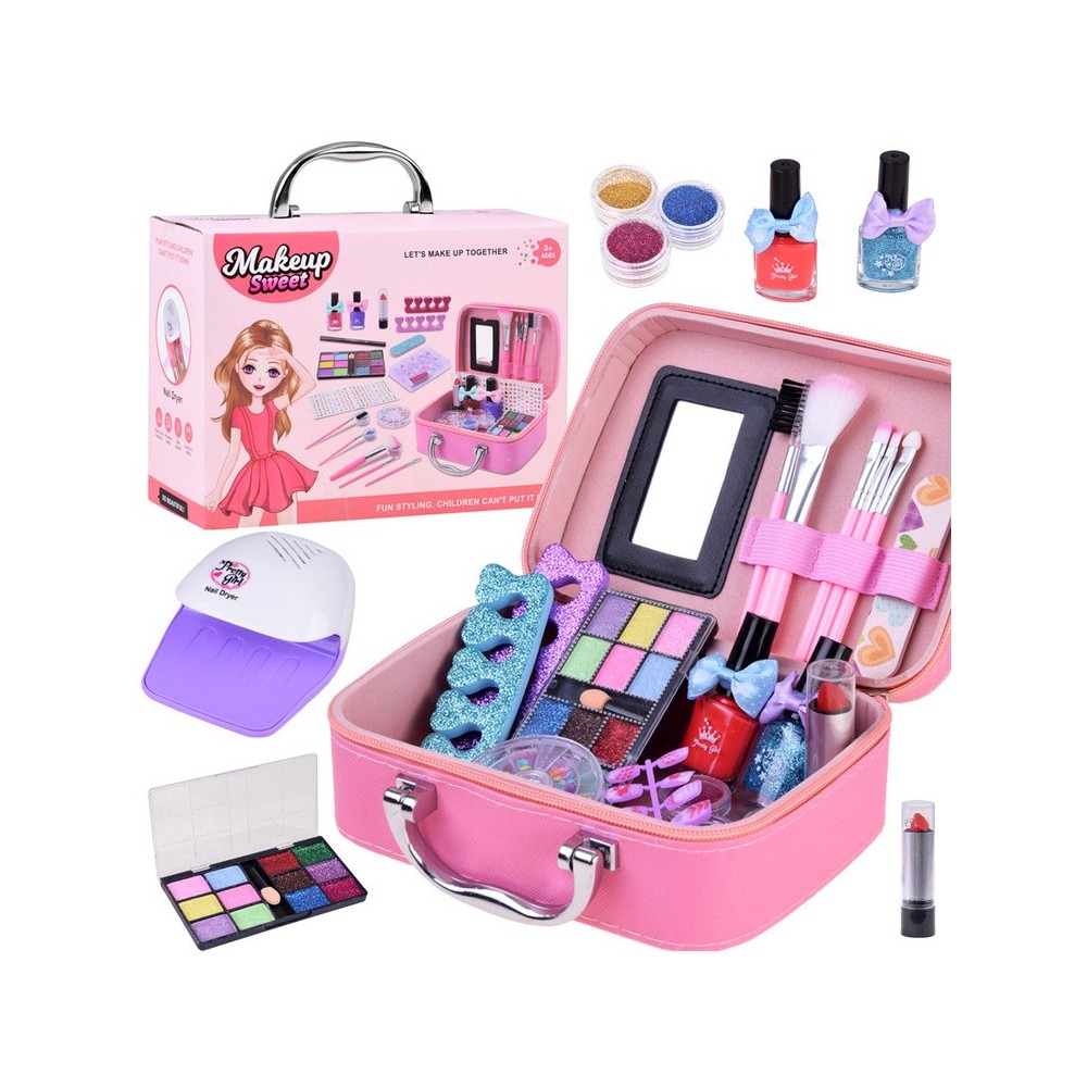 JOKO Detská Kozmetická Sada Make Up a Umelé Nechty + Lampa na sušenie nechtov na batérie + Kozmetický Kufrík, ružový
