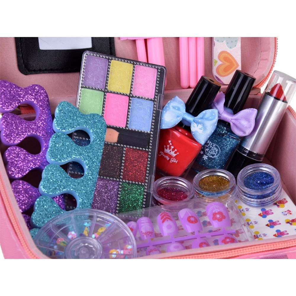 JOKO Detská Kozmetická Sada Make Up a Umelé Nechty + Lampa na sušenie nechtov na batérie + Kozmetický Kufrík, ružový