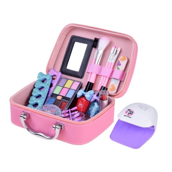 JOKO Detská Kozmetická Sada Make Up a Umelé Nechty + Lampa na sušenie nechtov na batérie + Kozmetický Kufrík, ružový