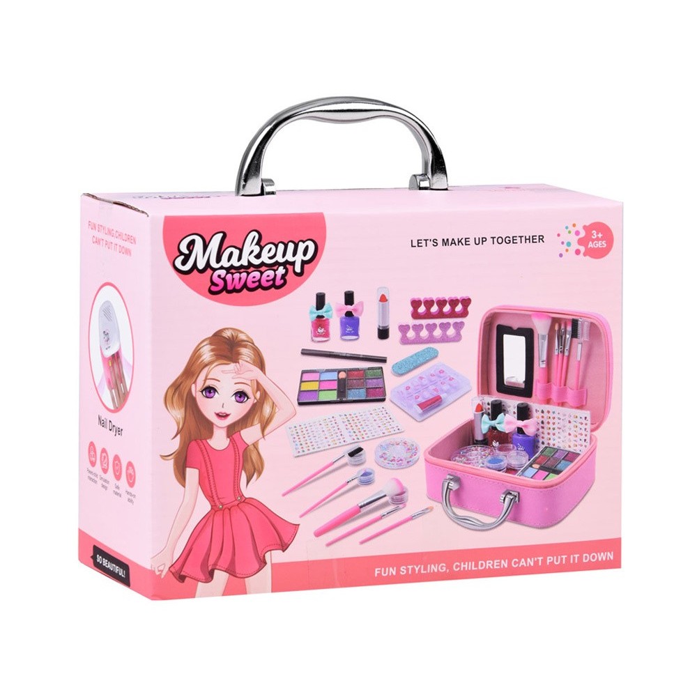 JOKO Detská Kozmetická Sada Make Up a Umelé Nechty + Lampa na sušenie nechtov na batérie + Kozmetický Kufrík, ružový