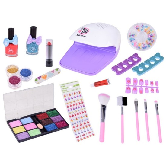 JOKO Detská Kozmetická Sada Make Up a Umelé Nechty + Lampa na sušenie nechtov na batérie + Kozmetický Kufrík, ružový