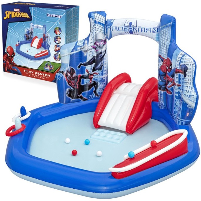Bestway 98793 Detský Nafukovací Bazén Spiderman Marvel so šmýkačkou, fontánou a loptičkami