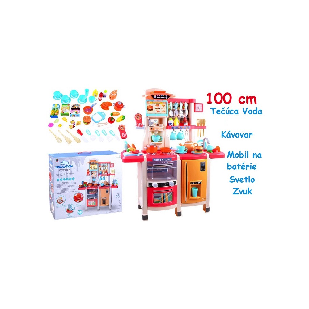 JOKO Veľká Detská Kuchynka 100cm s Parou, tečúcou vodou, svetlo + zvuk, kávovar, Mobil na batérie + krájacie potraviny, ružová