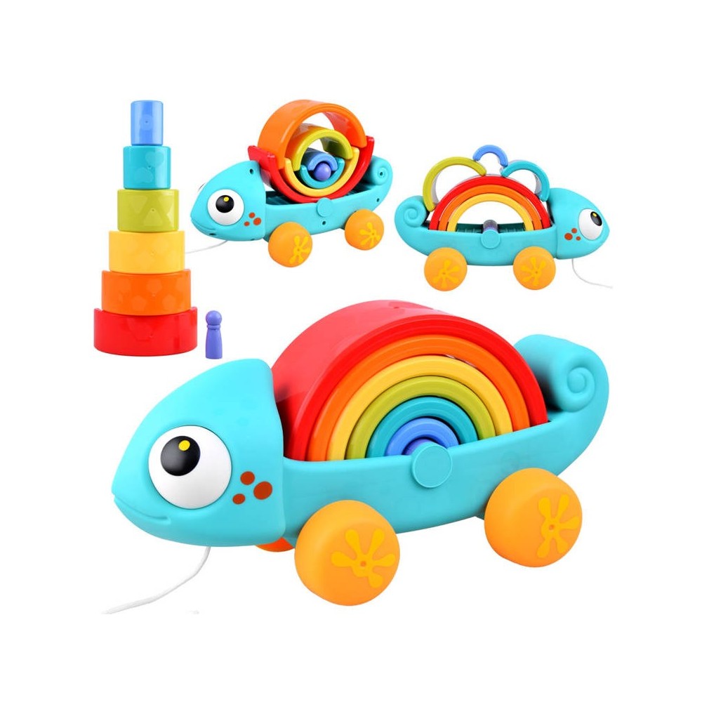 HOLA Toys Dúhový Chameleón na ťahanie, Puzzle montessori, dúhová veža, 18m+