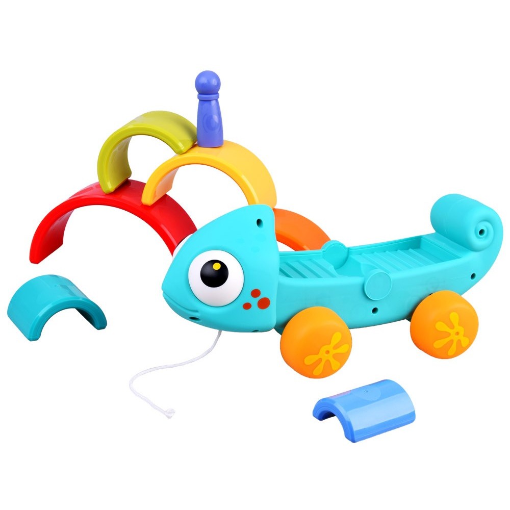 HOLA Toys Dúhový Chameleón na ťahanie, Puzzle montessori, dúhová veža, 18m+
