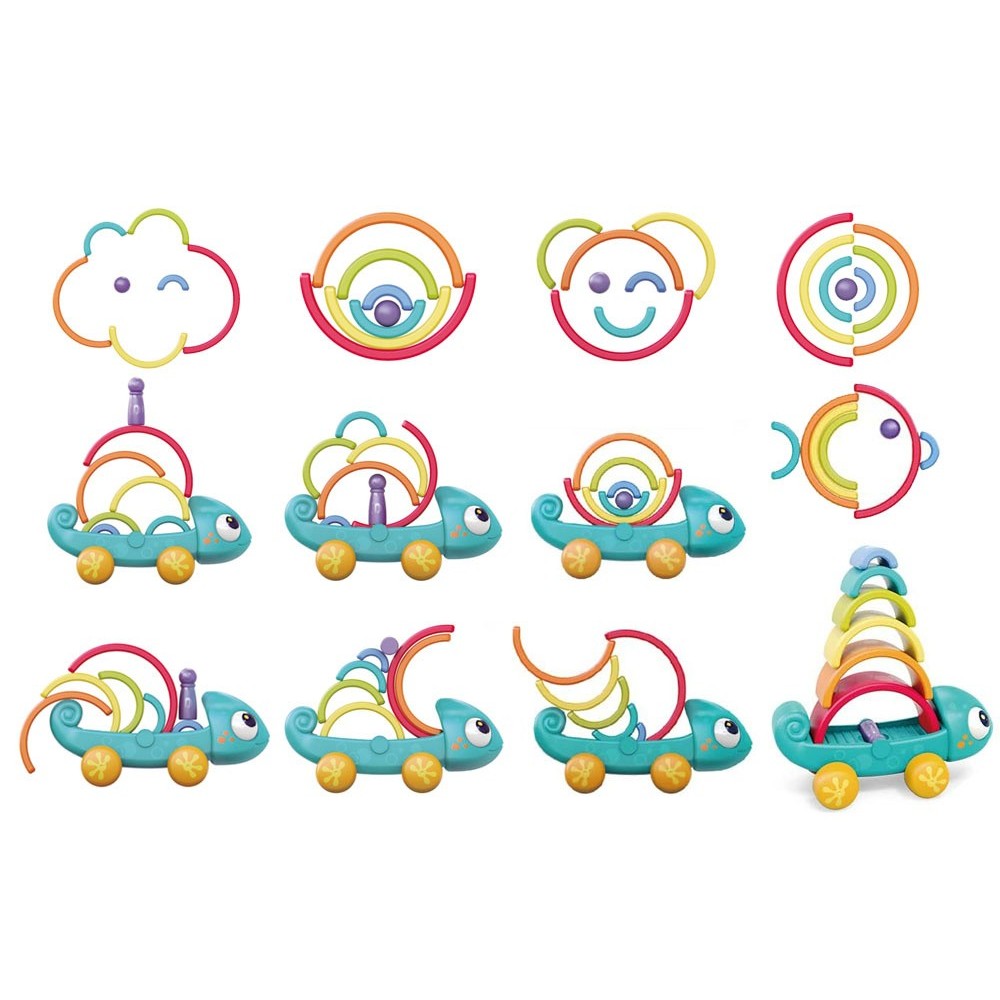 HOLA Toys Dúhový Chameleón na ťahanie, Puzzle montessori, dúhová veža, 18m+