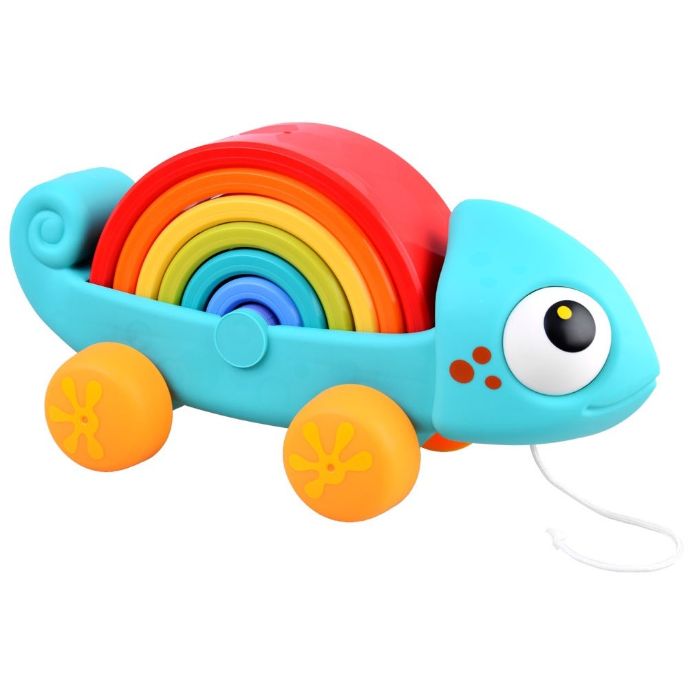 HOLA Toys Dúhový Chameleón na ťahanie, Puzzle montessori, dúhová veža, 18m+
