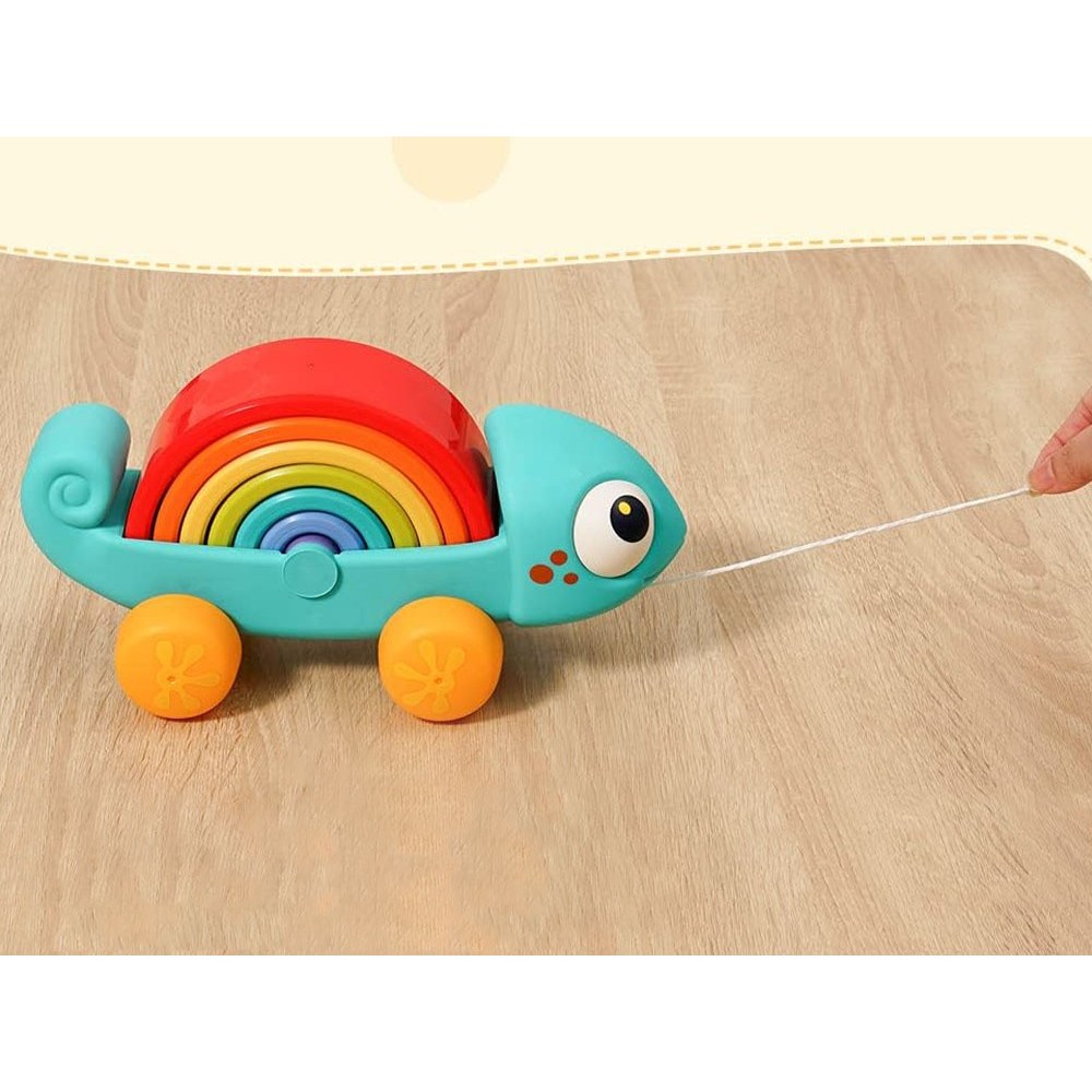 HOLA Toys Dúhový Chameleón na ťahanie, Puzzle montessori, dúhová veža, 18m+