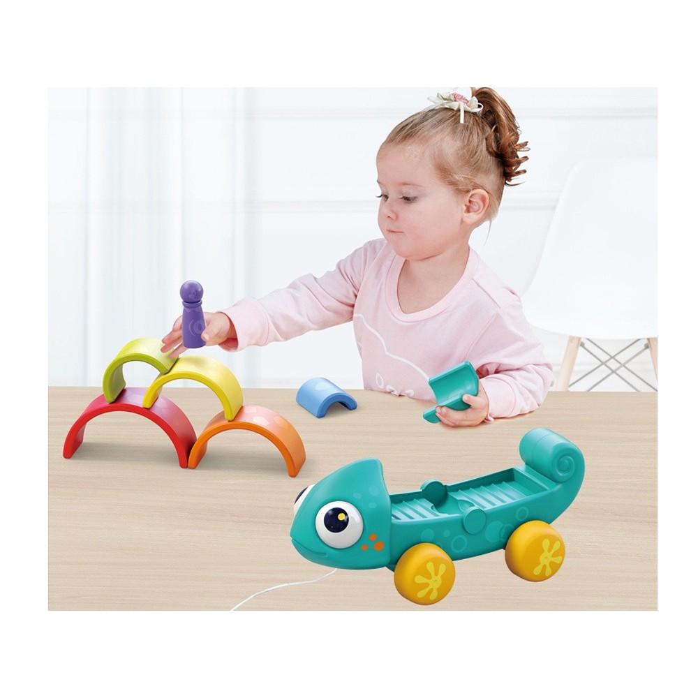 HOLA Toys Dúhový Chameleón na ťahanie, Puzzle montessori, dúhová veža, 18m+