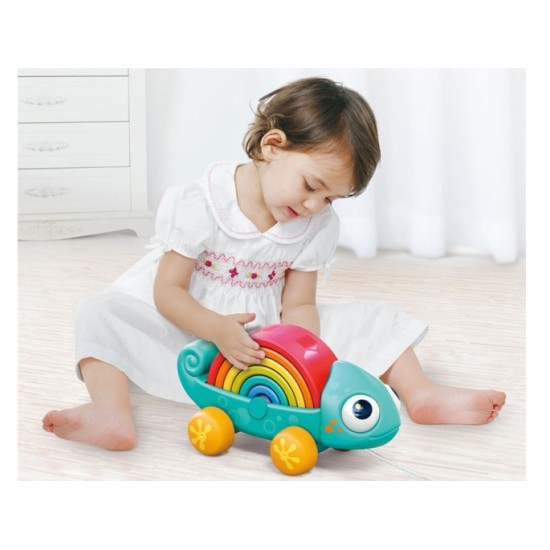 HOLA Toys Dúhový Chameleón na ťahanie, Puzzle montessori, dúhová veža, 18m+