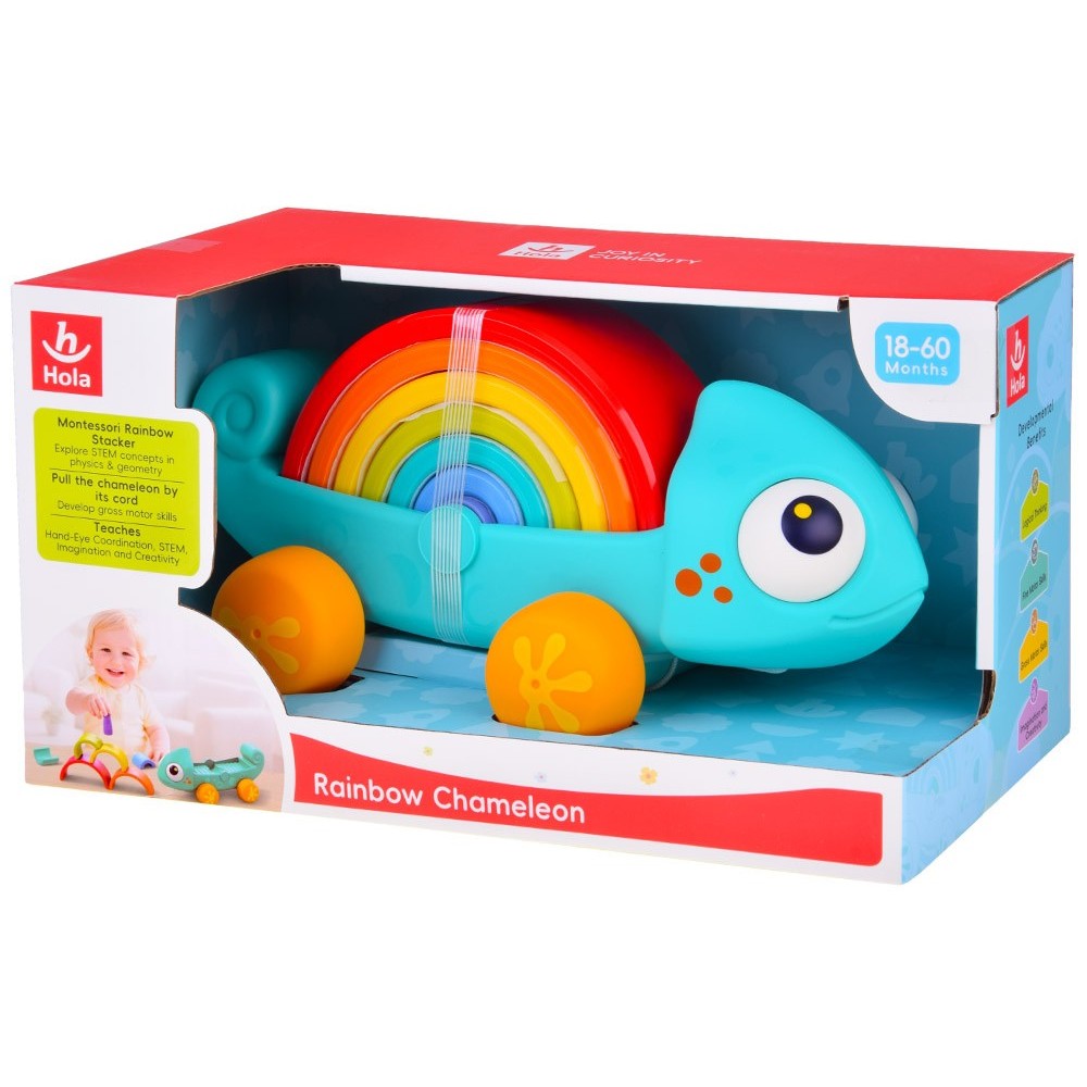 HOLA Toys Dúhový Chameleón na ťahanie, Puzzle montessori, dúhová veža, 18m+