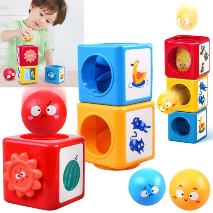 HOLA Toys Pyramída s loptičkami a obrázkami, triediaca veža pre deti od 9 mesiacov