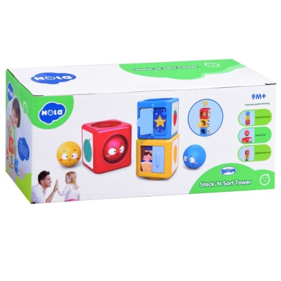 HOLA Toys Pyramída s loptičkami a obrázkami, triediaca veža pre deti od 9 mesiacov