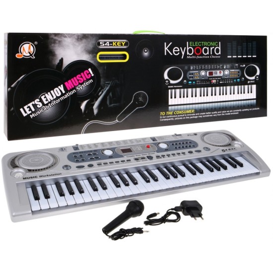 JOKO Detské klávesy 70cm s mikrofónom + USB vstup, strieborné