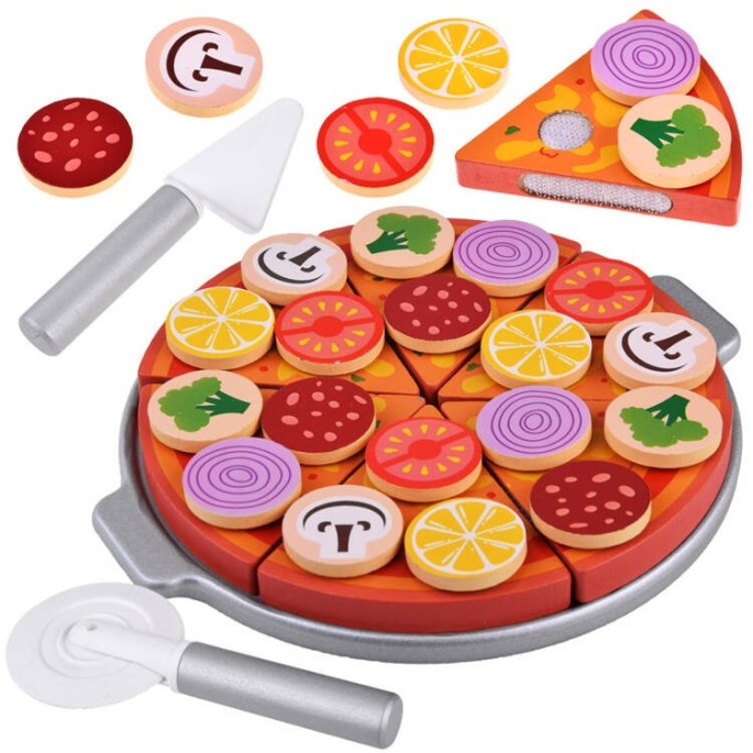 JOKO Detská Drevená Pizza na krájanie so suchým zipsom