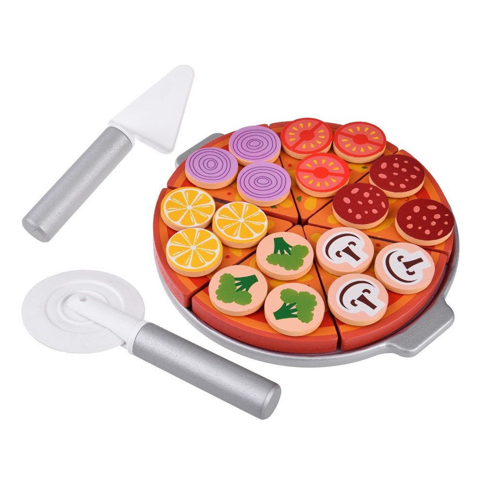 JOKO Detská Drevená Pizza na krájanie so suchým zipsom