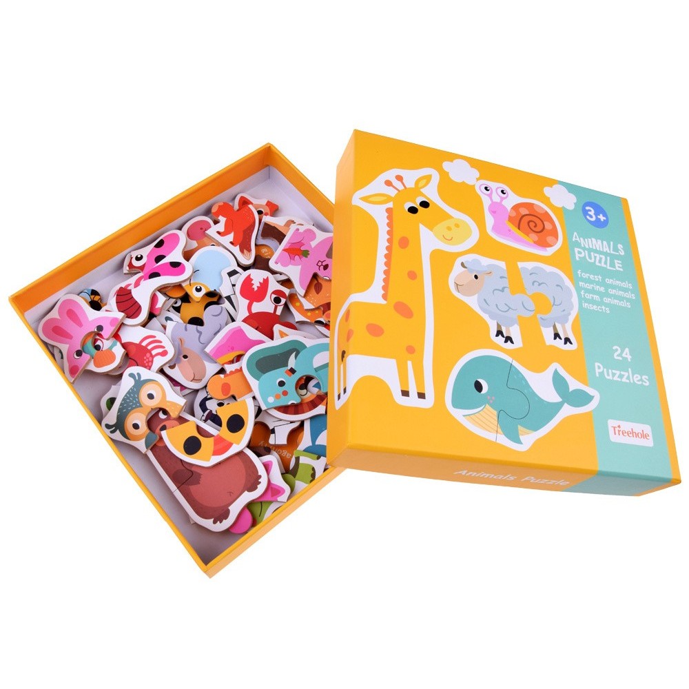 JOKO Detské Puzzle 24ks Zvieratká Lev, Krava, Žaba, Motýľ