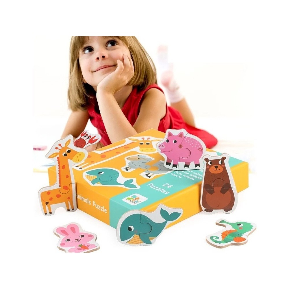 JOKO Detské Puzzle 24ks Zvieratká Lev, Krava, Žaba, Motýľ