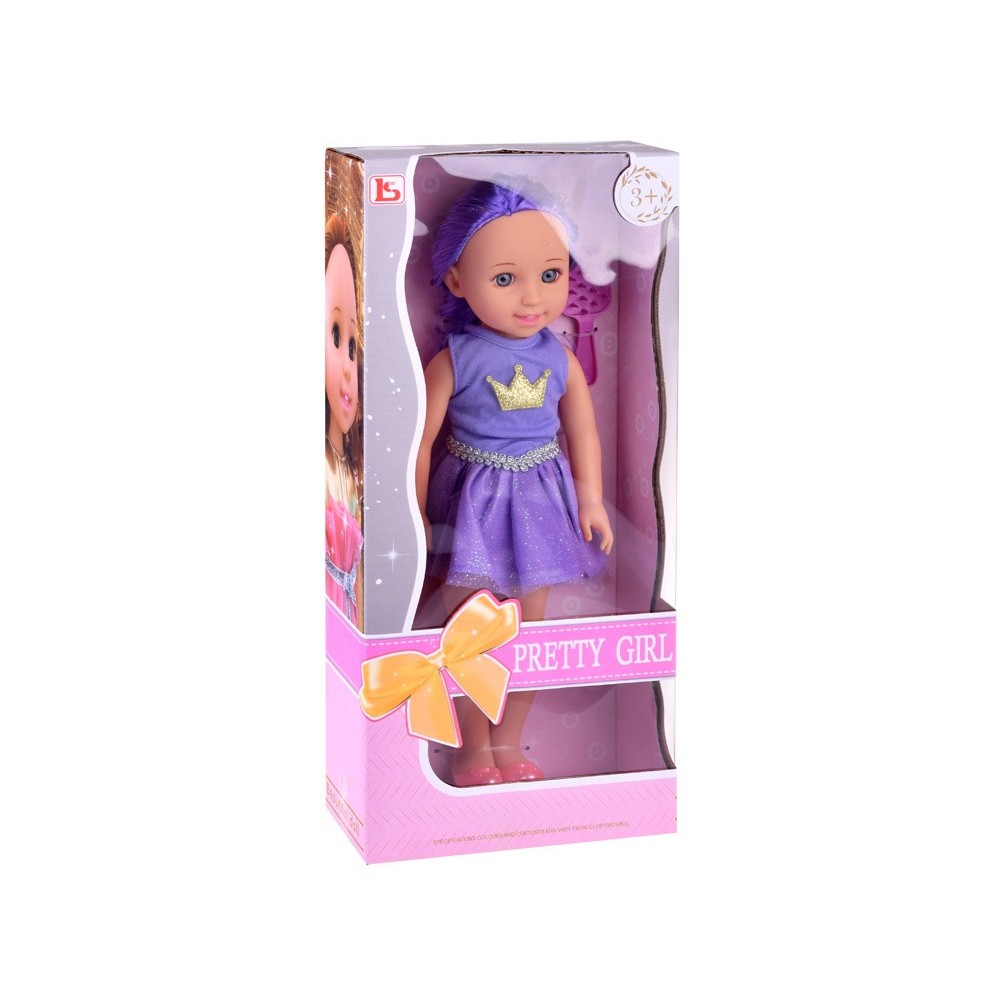 JOKO Veľká Bábika 38cm s fialovými vlasmi a fialovými šatami so zlatou korunkou + hrebeň, fialová