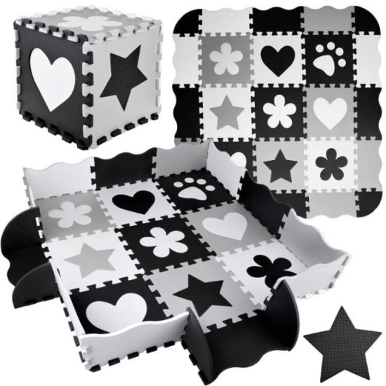 JOKO Detské Penové Puzzle 16ks, Penová ohrádka 2v1, čierno-biela