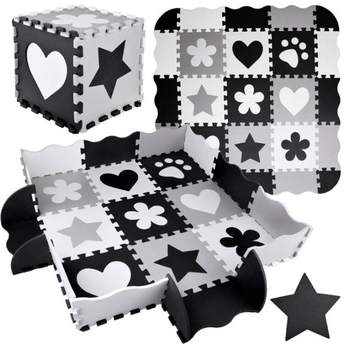 JOKO Detské Penové Puzzle 16ks, Penová ohrádka 2v1, čierno-biela
