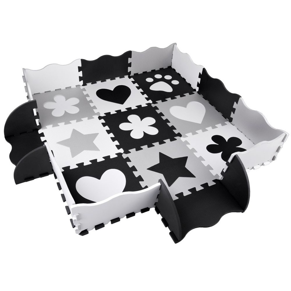 JOKO Detské Penové Puzzle 16ks, Penová ohrádka 2v1, čierno-biela