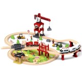 JOKO Drevená Vlaková Súprava s Vláčikom na Batérie + Žeriav + Viadukt