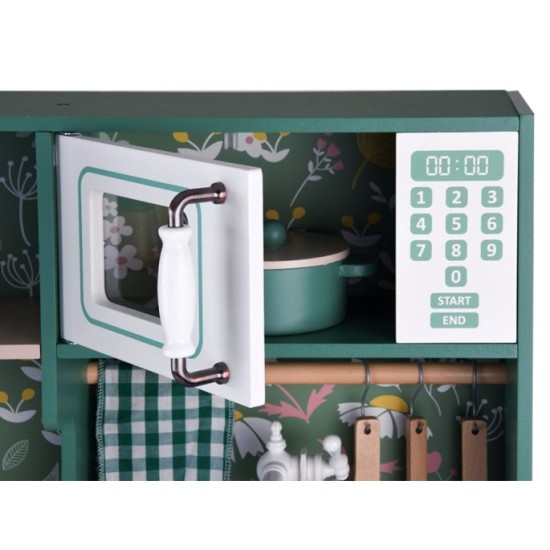 JOKO Detská Retro Drevená Kuchynka Vintage 90cm + Chladnička, Mikrovlnka, Práčka + svetlo a zvuk, zelená