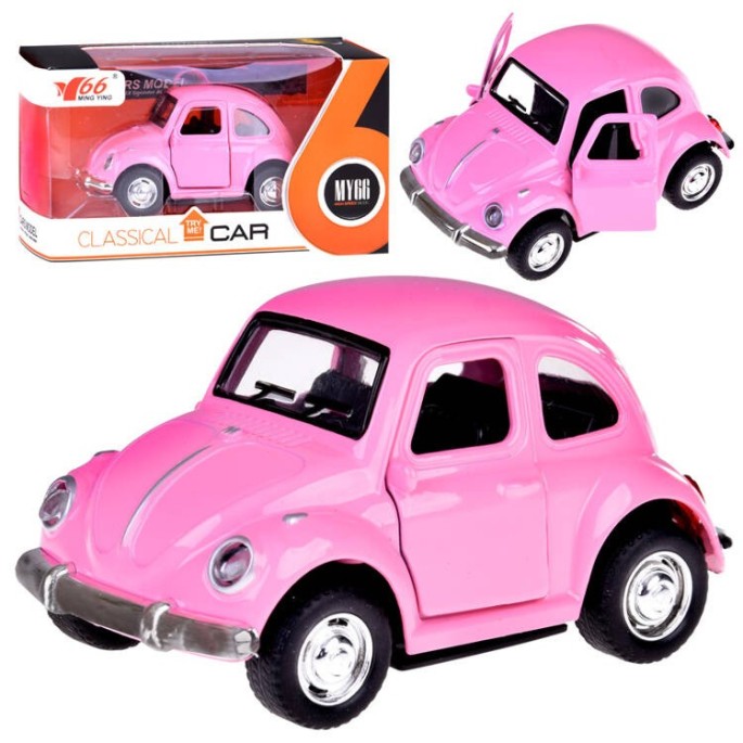 JOKO Kovový Model AUTO Volkswagen Beetle so svetlom a zvukom + otváracie dvere, ružové