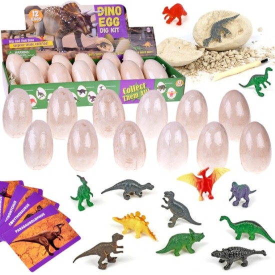 JOKO Archeologická Sada 12ks VEĽKÉ Sádrové Dinosaurie Vajcia + 12ks kartičky o Dinosauroch + nástroje