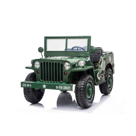 JOKO Elektrické autíčko Retro Vojenský Jeep 4x4, 3 miestny, 4x90W, 24V, kožené sedadlo, penové kolesá, nosnosť 60kg, zelené