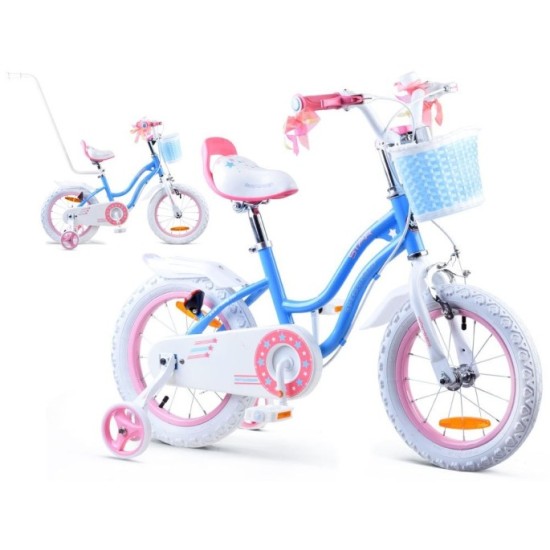 RoyalBaby Detský Bicykel STAR GIRL 14" s košíkom a zvončekom + vodiaca tyč, modrý
