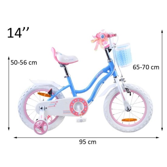 RoyalBaby Detský Bicykel STAR GIRL 14" s košíkom a zvončekom + vodiaca tyč, modrý