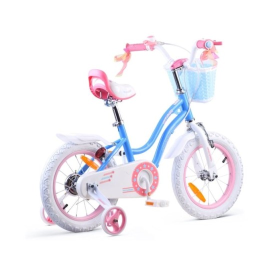 RoyalBaby Detský Bicykel STAR GIRL 14" s košíkom a zvončekom + vodiaca tyč, modrý