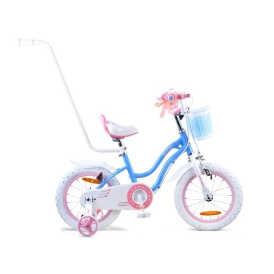 RoyalBaby Detský Bicykel STAR GIRL 14" s košíkom a zvončekom + vodiaca tyč, modrý