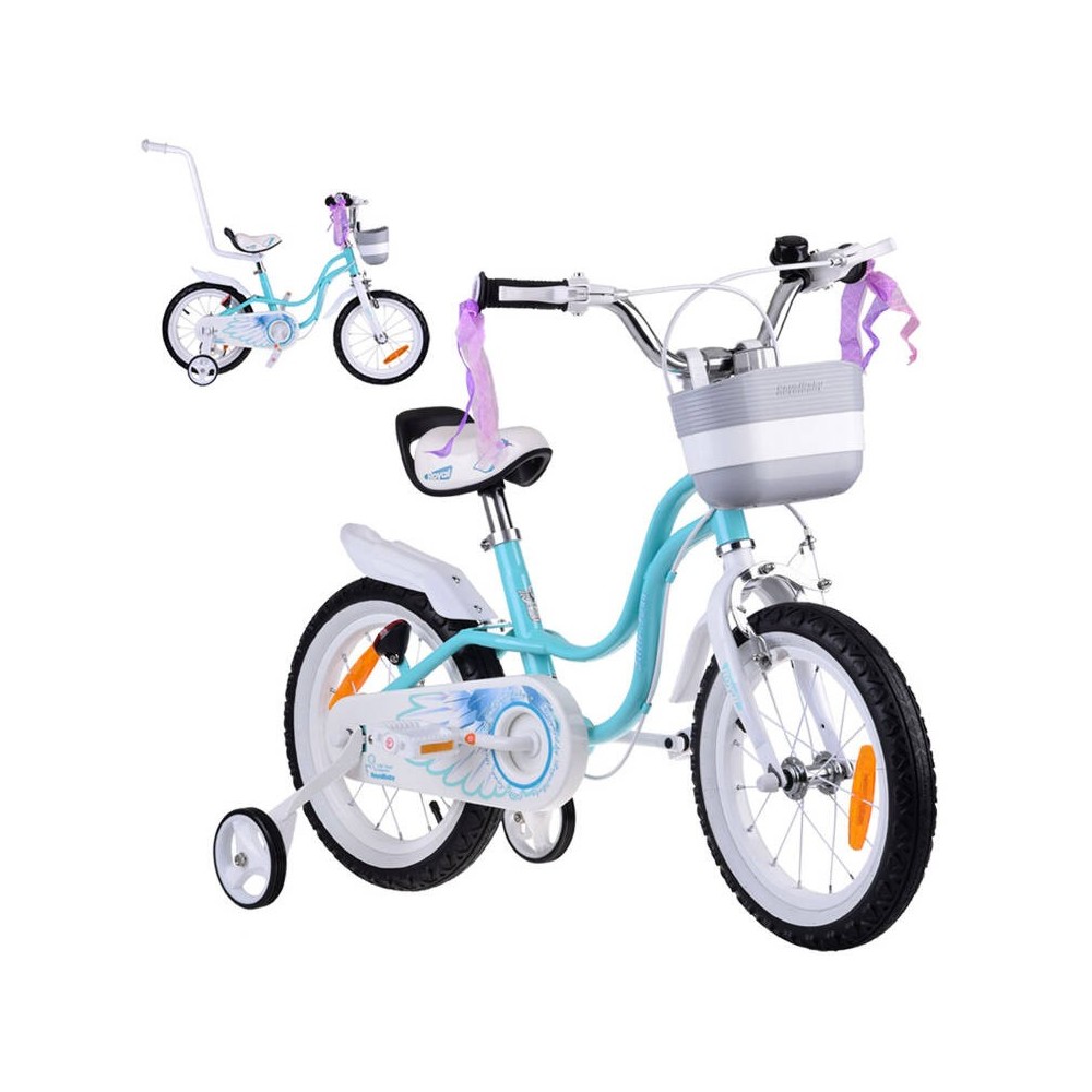 RoyalBaby Detský Bicykel Little Swan Labutie Krídla 14"s košíkom a zvončekom + mašle, modrý