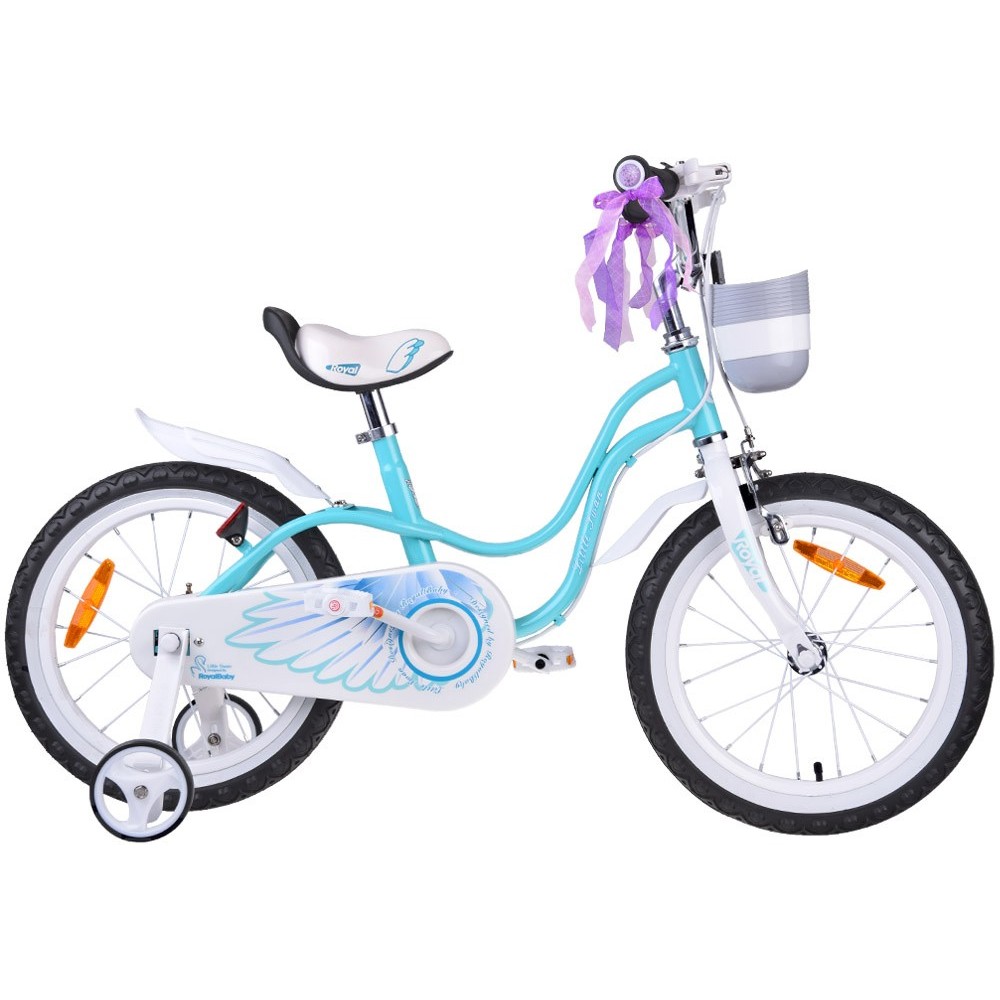 RoyalBaby Detslá Bicykel Little Swan Labutie Krídla 18"s košíkom a zvončekom + mašle, perleťovo modrý