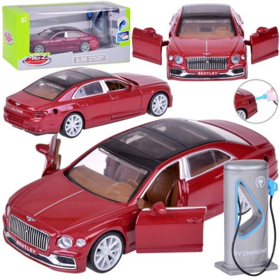 JOKO Kovový Model Elektrické Auto Bentley Flying Spur Hybrid so svetlom a zvukom + NABÍJACIA Stanica + otváracie dvere, bordové